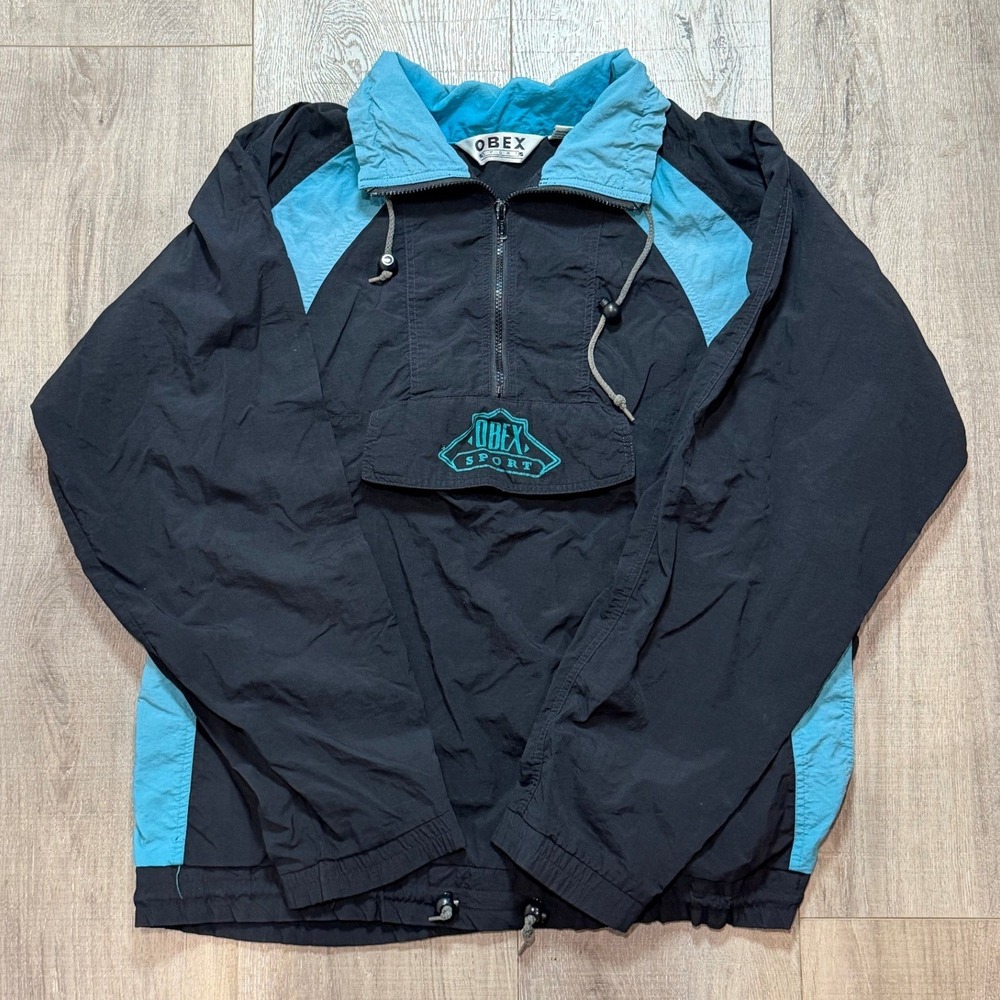 Vintage 90s Obex Sport Windbreaker Mens XL Black Teal Quarter Zip Pullover Nylon